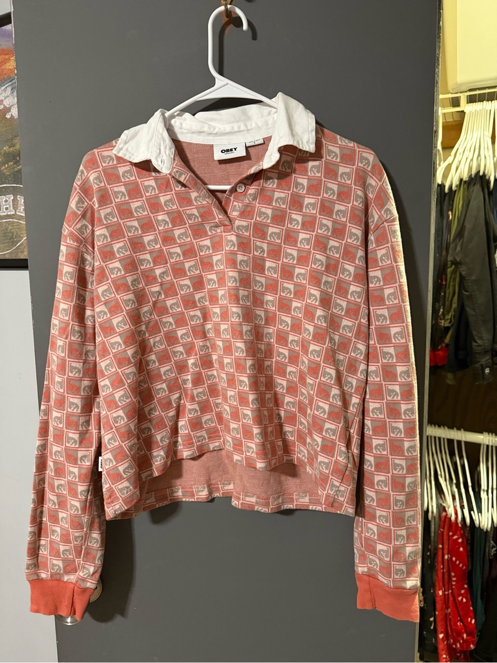 Obey Coral Geometric Elephant Polo Sweatshirt with White Collar